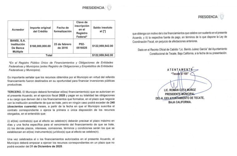 Román Cota refinanciará deuda pública de Tecate que asciende a 122.9 mdp